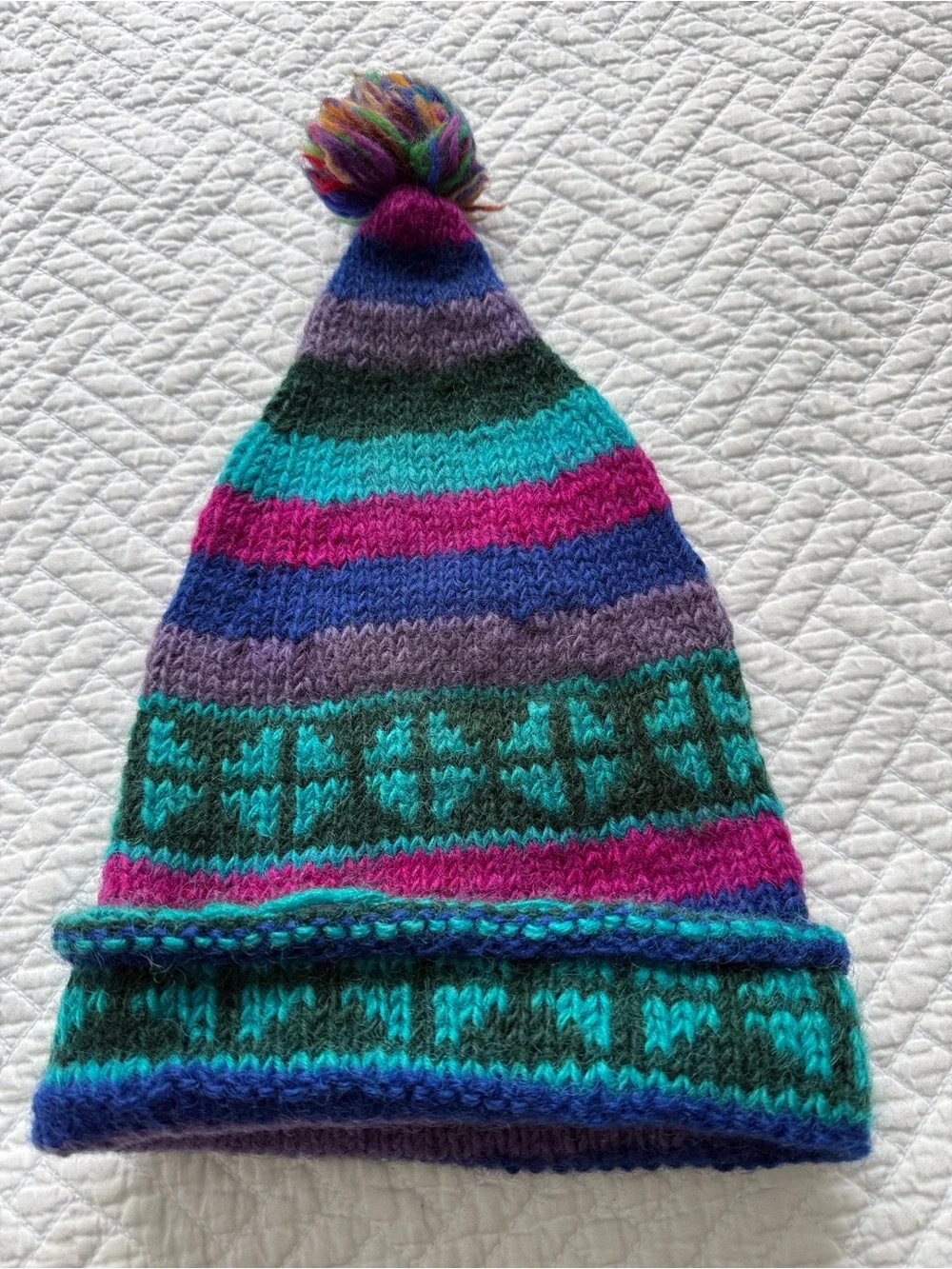 Handmade Peruvian Wool Multicolor Striped Knit Pom-Pom Hat - Teal, Purple & Pink